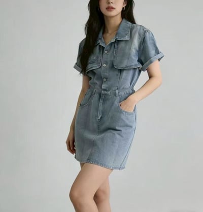 韓版雙口袋半開釦襯衫牛仔連身附皮帶短洋裝  #362970108