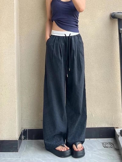 復古慵懶拼接撞色格紋直筒褲  #3627077311