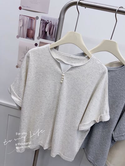 韓系珍珠釦小V領造型太空棉上衣  #3648647716