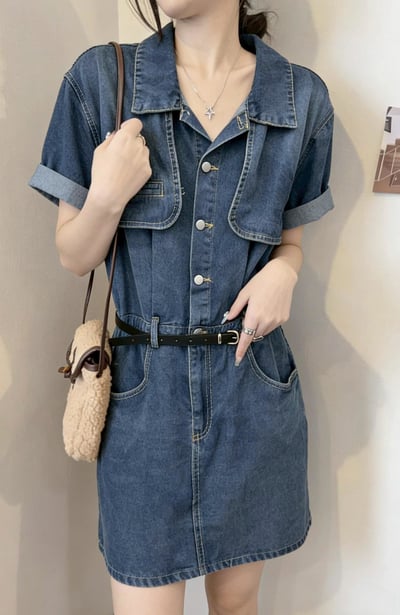 韓版雙口袋半開釦襯衫牛仔連身附皮帶短洋裝  #362970102