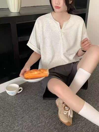 韓系珍珠釦小V領造型太空棉上衣  #364864776