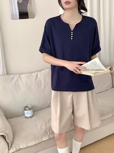 韓系珍珠釦小V領造型太空棉上衣  #364864779