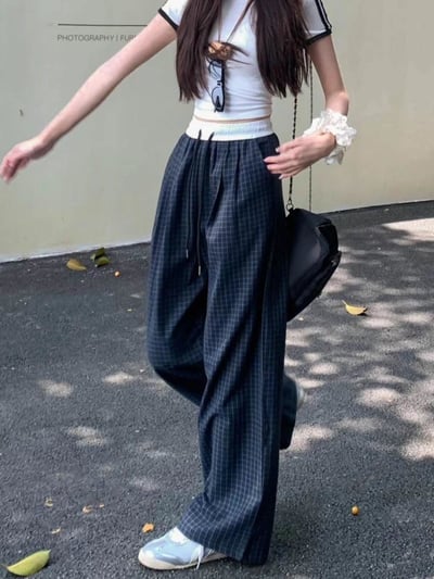 復古慵懶拼接撞色格紋直筒褲  #362707733