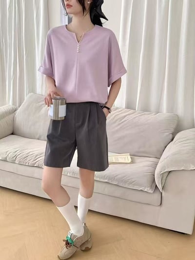 韓系珍珠釦小V領造型太空棉上衣  #3648647714