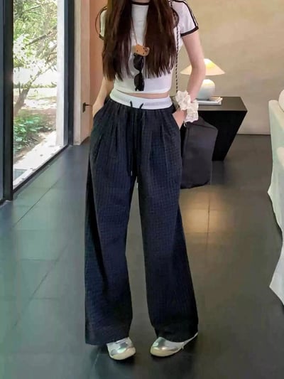 復古慵懶拼接撞色格紋直筒褲  #362707736