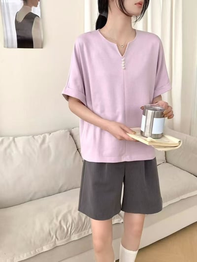 韓系珍珠釦小V領造型太空棉上衣  #3648647715