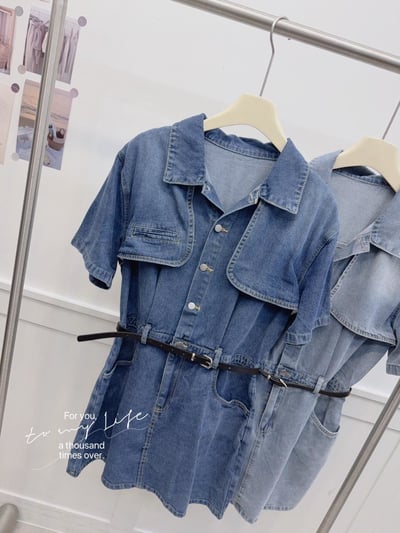 韓版雙口袋半開釦襯衫牛仔連身附皮帶短洋裝  #362970106