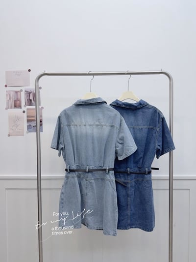 韓版雙口袋半開釦襯衫牛仔連身附皮帶短洋裝  #362970107