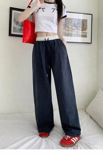 復古慵懶拼接撞色格紋直筒褲  #362707737