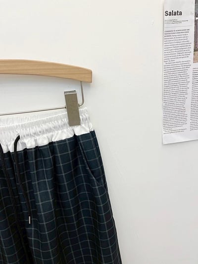 復古慵懶拼接撞色格紋直筒褲  #3627077314