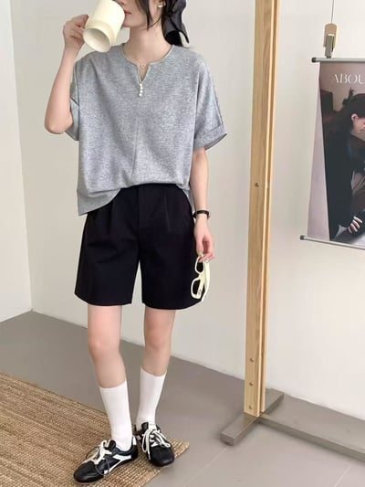 韓系珍珠釦小V領造型太空棉上衣  #3648647712