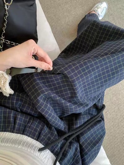 復古慵懶拼接撞色格紋直筒褲  #362707739