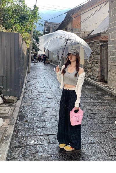 復古慵懶拼接撞色格紋直筒褲  #3627077312