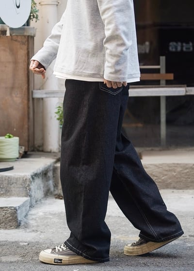 日系休閒寬鬆男美式復古原色闊腿牛仔褲16