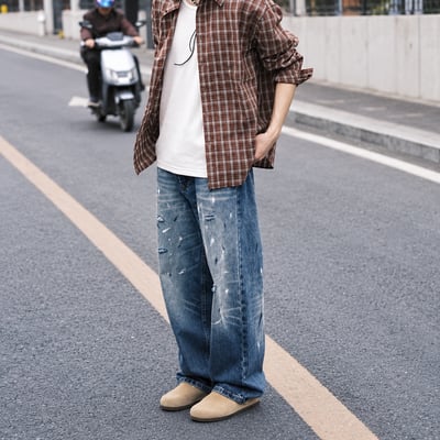 復古水洗潑墨牛仔褲寬鬆休閒闊腿垂感直筒拖地褲1