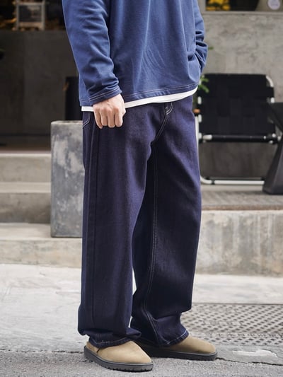 日系休閒寬鬆男美式復古原色闊腿牛仔褲11