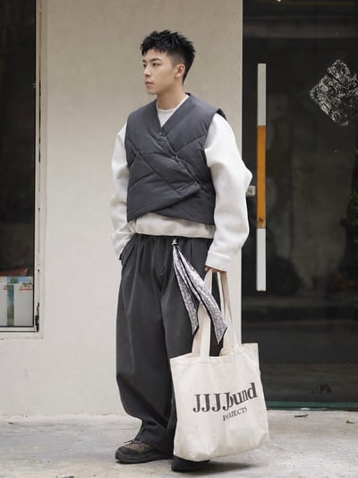 日系V領不規則解構羽絨馬甲男保暖白鴨絨坎肩休閒背心5