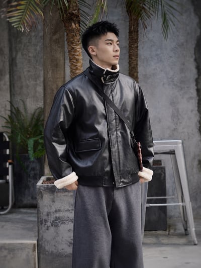 復古羊羔毛皮衣冬季復古加厚保暖機車夾克PU加厚外套4