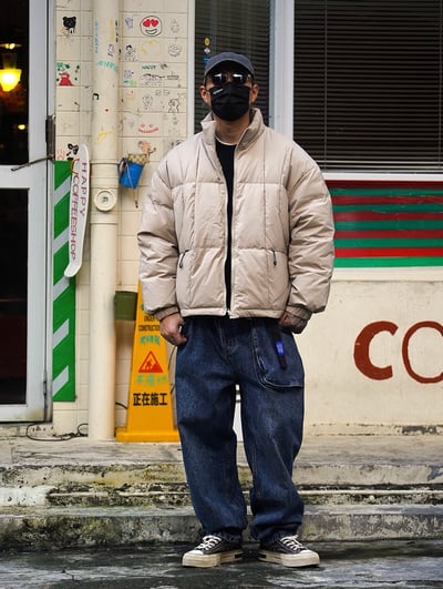 日系附腰帶復古重磅水洗做舊立體口袋工裝直筒褲牛仔褲2