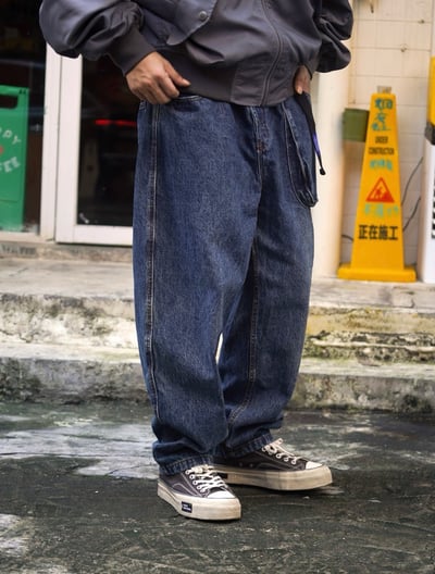 日系附腰帶復古重磅水洗做舊立體口袋工裝直筒褲牛仔褲7