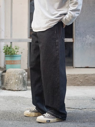 日系休閒寬鬆男美式復古原色闊腿牛仔褲17