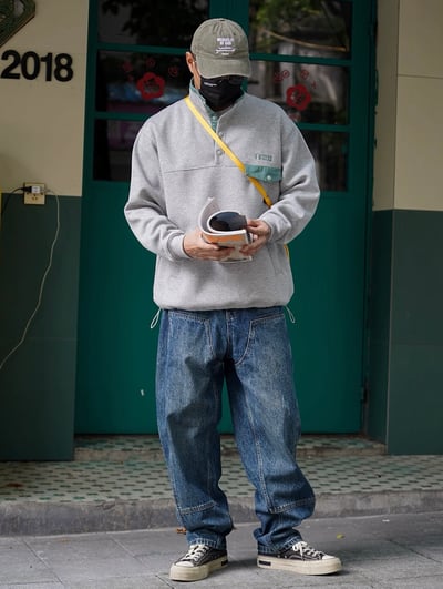 日系復古水洗做舊牛仔褲寬鬆潮流休閒長褲錐形拼接伐木褲2