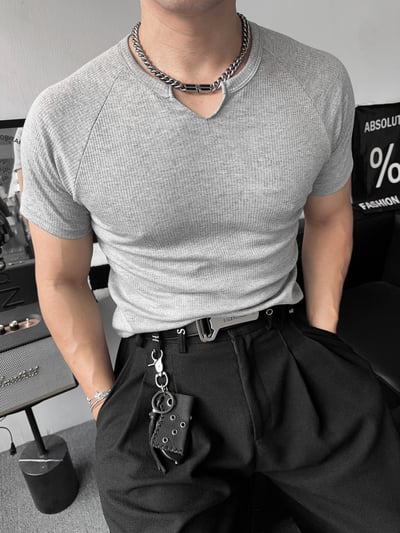 小V領直坑條素面合身短袖11