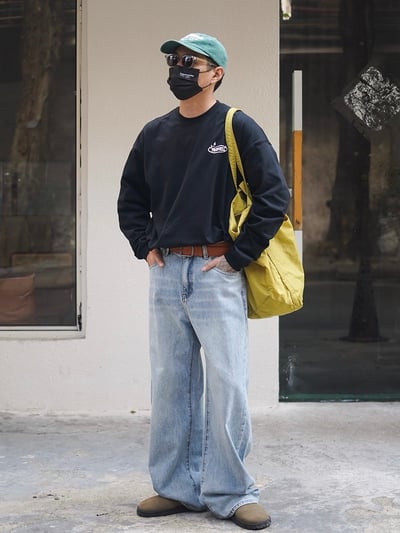 日系復古水洗牛仔褲男寬鬆直筒彎刀長褲2