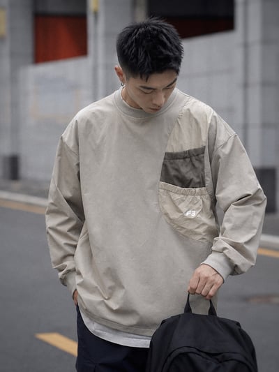 户外機能速乾口袋圓領復古日系Cityboy休閒男寬鬆長袖3