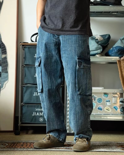 日系工裝風多口袋牛仔褲男寬松直筒做舊藍色休閒褲潮2