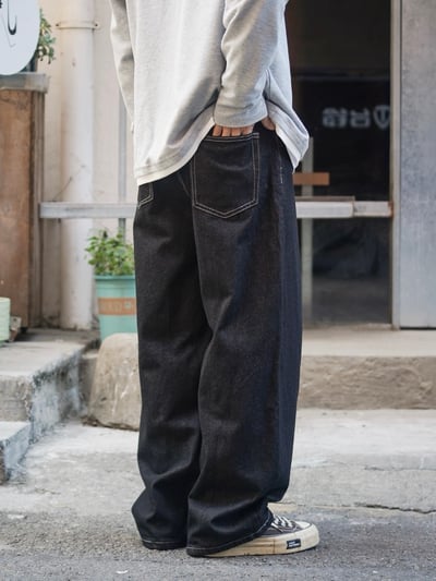 日系休閒寬鬆男美式復古原色闊腿牛仔褲14