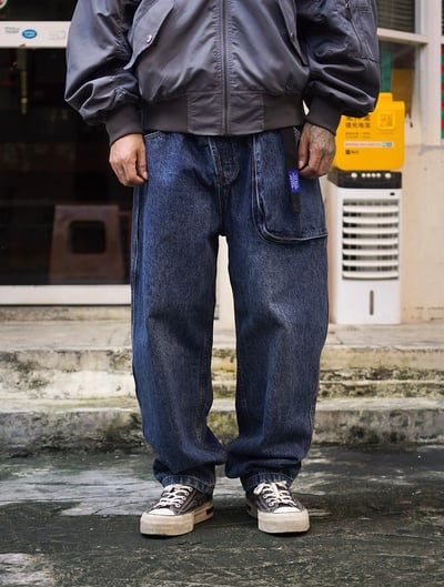 日系附腰帶復古重磅水洗做舊立體口袋工裝直筒褲牛仔褲11