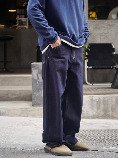日系休閒寬鬆男美式復古原色闊腿牛仔褲4