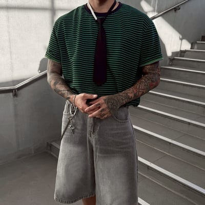 細條紋休閒BOXY短寬TEE6