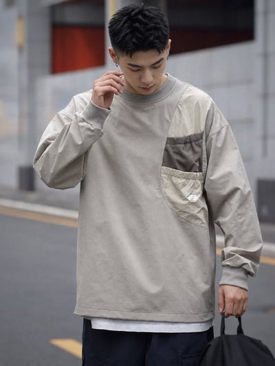 户外機能速乾口袋圓領復古日系Cityboy休閒男寬鬆長袖4