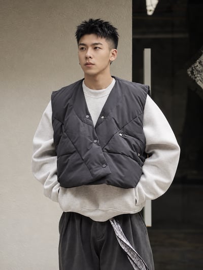 日系V領不規則解構羽絨馬甲男保暖白鴨絨坎肩休閒背心3