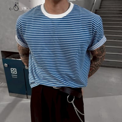細條紋休閒BOXY短寬TEE1