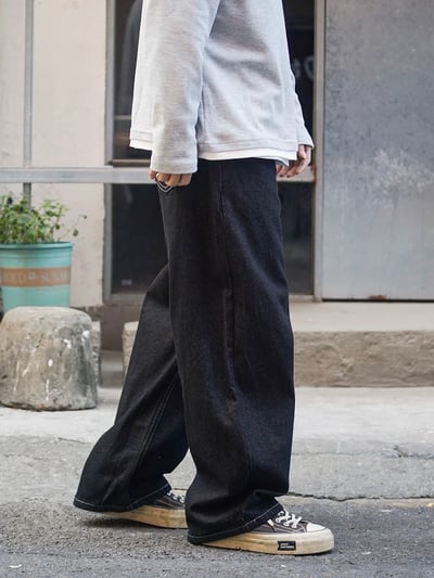 日系休閒寬鬆男美式復古原色闊腿牛仔褲12