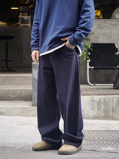 日系休閒寬鬆男美式復古原色闊腿牛仔褲7
