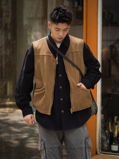 日系羊羔毛復古休閒工裝馬甲潮流男外穿背心2
