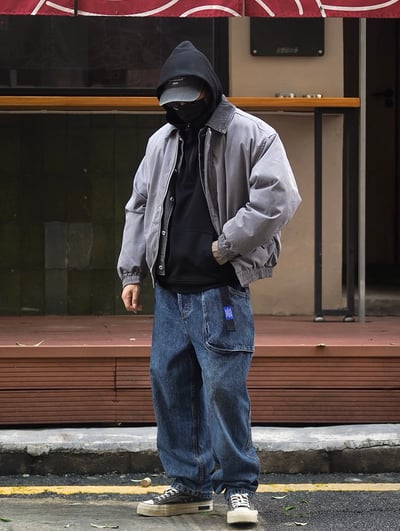 日系附腰帶復古重磅水洗做舊立體口袋工裝直筒褲牛仔褲4