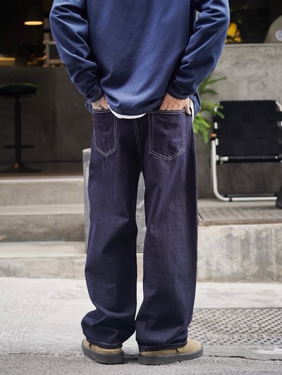 日系休閒寬鬆男美式復古原色闊腿牛仔褲5