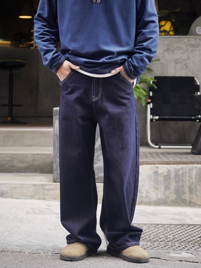 日系休閒寬鬆男美式復古原色闊腿牛仔褲8