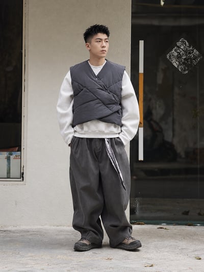 日系V領不規則解構羽絨馬甲男保暖白鴨絨坎肩休閒背心7