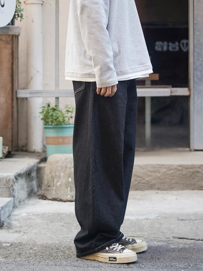 日系休閒寬鬆男美式復古原色闊腿牛仔褲13