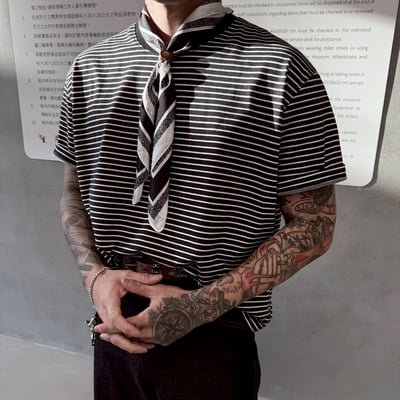 細條紋休閒BOXY短寬TEE3