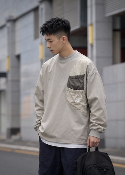 户外機能速乾口袋圓領復古日系Cityboy休閒男寬鬆長袖5