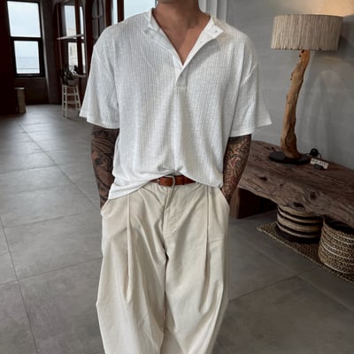 海灘透氣坑條半開襟 TEE1