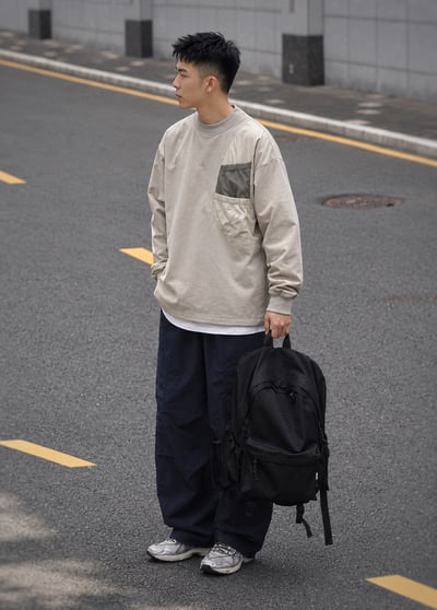 户外機能速乾口袋圓領復古日系Cityboy休閒男寬鬆長袖7