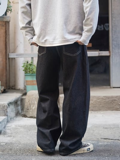 日系休閒寬鬆男美式復古原色闊腿牛仔褲15